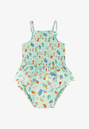 Bañador para bebé en verde menta con cuerpo fruncido, falda con volantes y patrones coloridos de criaturas marinas que incluyen peces, tortugas y pulpos.