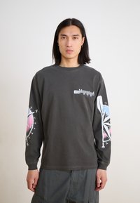 Gray long-sleeve T-shirt featuring a white logo on the left chest and colorful compass graphic on both sleeves. Made from cotton.