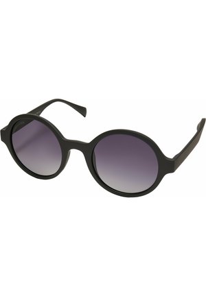 Lunettes de soleil en plastique noir avec des verres ronds qui passent d'un violet foncé en haut à un violet plus clair en bas. Fini mat.