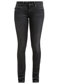 Jeans ajustados negros de denim, con una textura suave, un diseño clásico de cinco bolsillos y un sutil detalle de costura en la cinturilla.