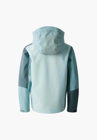 Helle blaue wasserdichte Jacke mit Kapuze, ausgestattet mit dunkelgrauen Schulterakzenten und einer glatten Textur, die für den Gebrauch im Freien konzipiert ist.