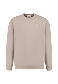 Beige sweatshirt met lange mouwen, ronde hals, ribgebreide manchetten en onderkant. Kenmerkt zich door een subtiele reliëflogo op de borst. Soepele textuur.
