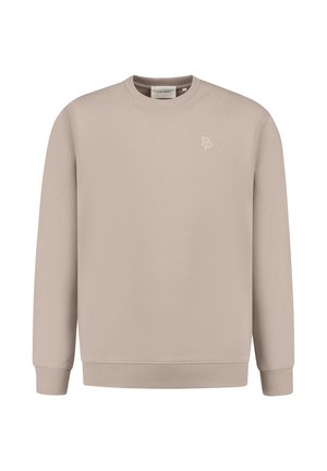 Beige sweatshirt with long sleeves, crew neck, ribbed cuffs, and hem. Features a subtle embossed logo on the chest. Smooth texture.
