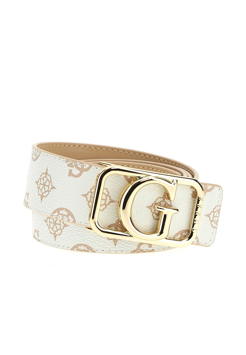 Cintura bianca con finitura testurizzata, caratterizzata da un motivo a logo beige. Fibbia rettangolare dorata con un evidente dettaglio stilizzato della "G".