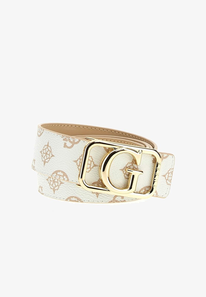 Cintura bianca con finitura testurizzata, caratterizzata da un motivo a logo beige. Fibbia rettangolare dorata con un evidente dettaglio stilizzato della "G".