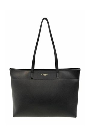 Borsa tote in pelle nera con manici lunghi e logo dorato "GAËLLE PARIS" centrato vicino al bordo superiore.