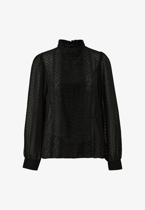 Czarna bluzka z wysokim kołnierzem, bufkami na rękawach i teksturowanym wzorem w groszki. Zawiera koronkowe panele i marszczenia na biuście.