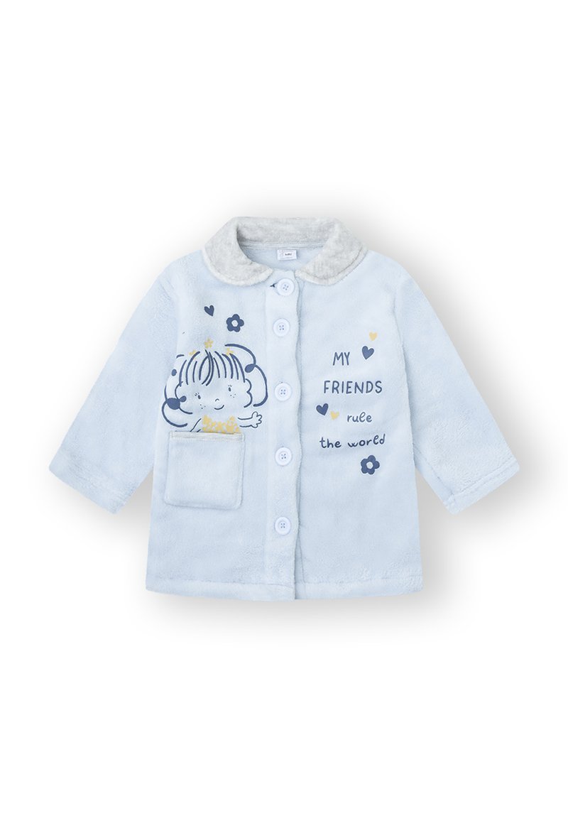 Chaqueta de forro polar azul claro con un suave cuello gris claro, que cuenta con un bolsillo frontal, botones y gráficos y texto aptos para niños.