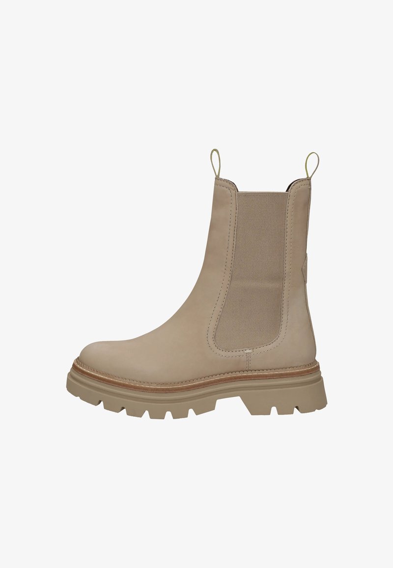 Stivale alla caviglia in pelle beige con pannelli elastici laterali, punta rotonda e suola in gomma spessa. Presenta anelli per facilitarne l'indossamento.
