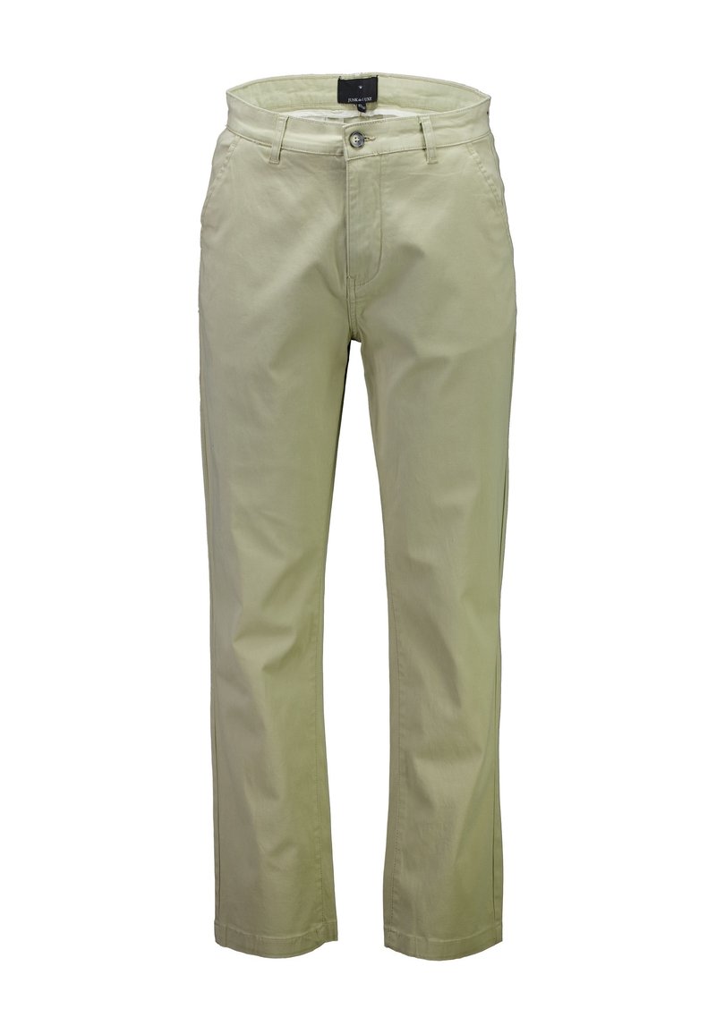 Jasnozielone bawełniane spodnie o prostym kroju, z przednimi kieszeniami i zapięciem na guzik. Gładka faktura i minimalne detale w postaci przeszyć.