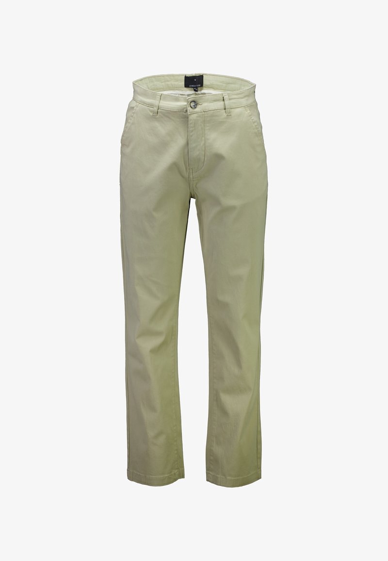 Jasnozielone bawełniane spodnie o prostym kroju, z przednimi kieszeniami i zapięciem na guzik. Gładka faktura i minimalne detale w postaci przeszyć.