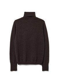 Maglione a collo alto marrone, aderente, realizzato in morbido tessuto knit, con maniche lunghe e polsini e colletto a coste. Design minimalista, senza pattern.