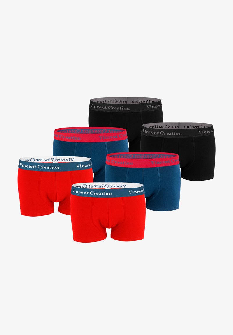 Set di biancheria intima da uomo composto da cinque paia: nero, rosso e blu navy, con cinturini elastici a contrasto. Il cinturino è marchiato "Vincent Creation."