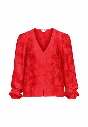 Blouse rouge à manches longues avec une texture florale subtile, encolure en V, boutons à l'avant et poignets élastiques.
