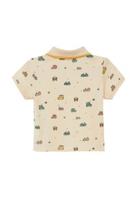 Kurzärmliges Poloshirt in hellbeige mit einem Muster aus bunten Comicautos. Rippkragen in Gelb. Aus weichem Baumwollstoff.