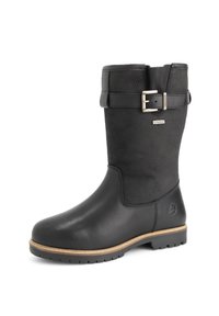 Zwarte leren laars tot halverwege de kuit met een gestructureerde bovenkant, verstelbare band en zilveren gesp, beige afwerking op de zool en een robuuste, getailleerde buitenzool.