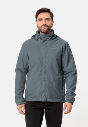 Veste imperméable gris avec fermeture éclair à l'avant, capuche ajustable et poignets élastiques. Fabriquée en matériau lisse et léger, idéale pour les activités en extérieur.