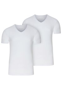 Paket med två vita t-shirts med kort ärm och v-ringning. Slät tyg, normal passform, utan ytterligare mönster eller detaljer.