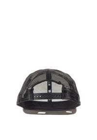 Black mesh trucker cap with a solid black bill. Features adjustable snapback closure and internal label details. Textured mesh back.