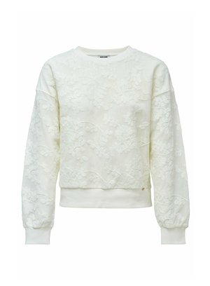 Sudadera blanca con bordado floral, tejido texturizado, mangas anchas y puños acanalados. Presenta un discreto logotipo en el dobladillo.