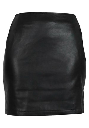 Sort læder mini nederdel med en glat tekstur og tætsiddende design. Har høj talje og en ren søm uden yderligere udsmykninger.