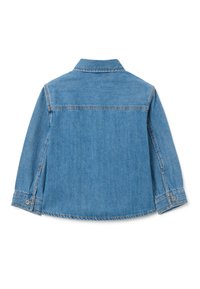 Jeansjacke, hellblau, mit langen Ärmeln und einem spitzen Kragen. Verfügt über gestickte Details und knöpfbare Manschetten. Minimalistisches Design.