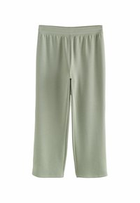 Hellgrüne, mittel-hoch geschnittene, cropped Hosen aus weichem Stoff; mit einem elastischen Bund und geradem Schnitt, der eine glatte Textur hat.