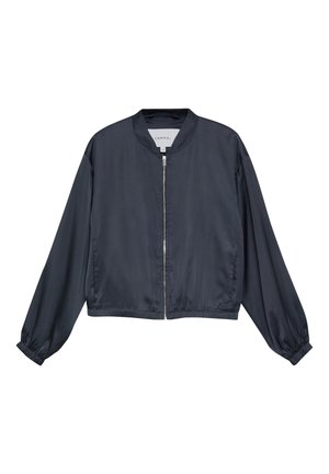 Dark gray lightweight bomber jacket with front zipper, elastic cuffs and hem, and a round collar, displayed flat against white background.