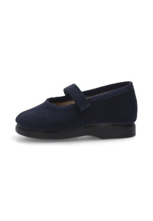 Zapato Mary Jane azul marino con parte superior de textil suave, punta redonda, correa ajustable y un bajo tacón de goma. Presenta un ribete texturizado.