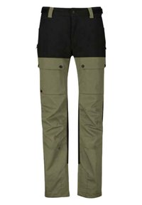 Pantalones cargo bicolor en negro y verde olivo. Presentan múltiples bolsillos, una tela resistente y un diseño ajustado para mayor durabilidad y funcionalidad.