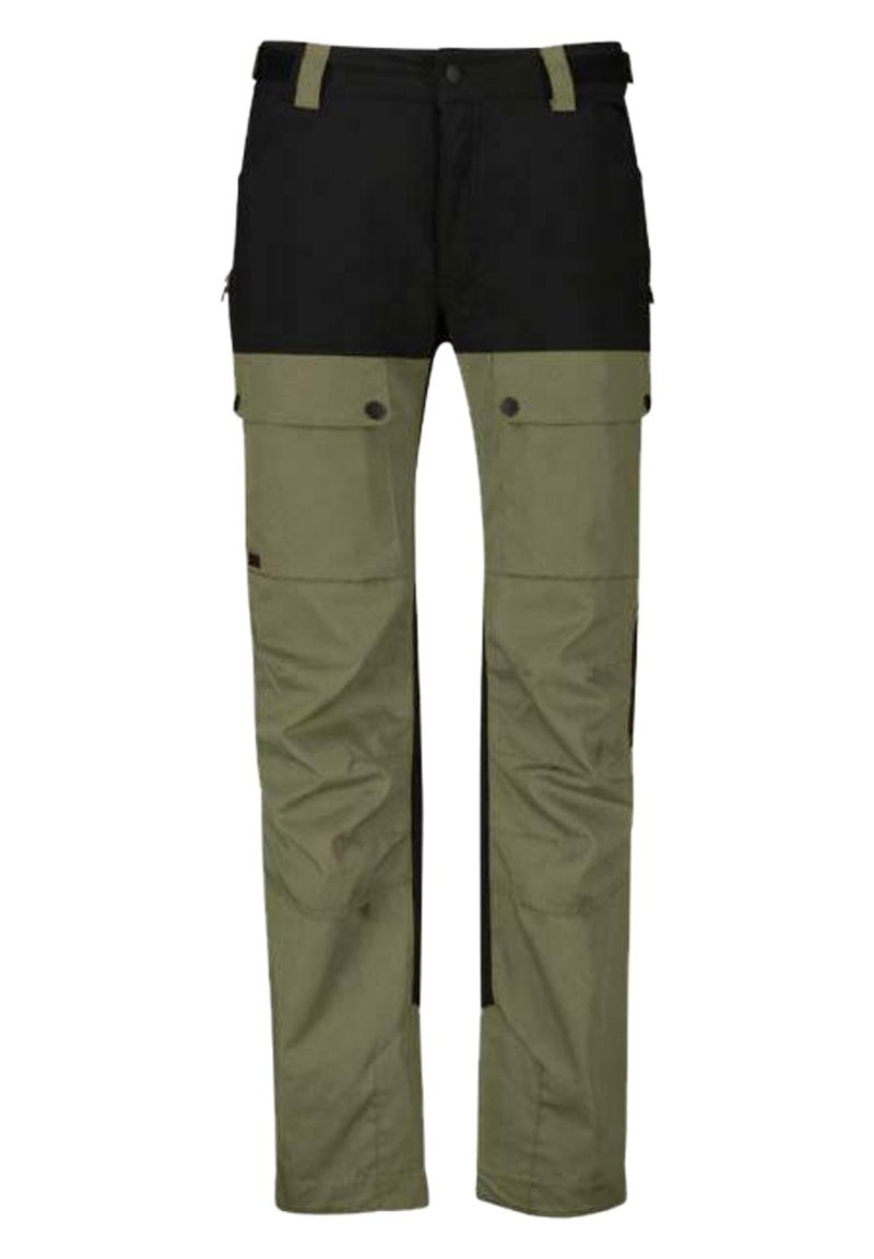 Pantalones cargo bicolor en negro y verde olivo. Presentan múltiples bolsillos, una tela resistente y un diseño ajustado para mayor durabilidad y funcionalidad.
