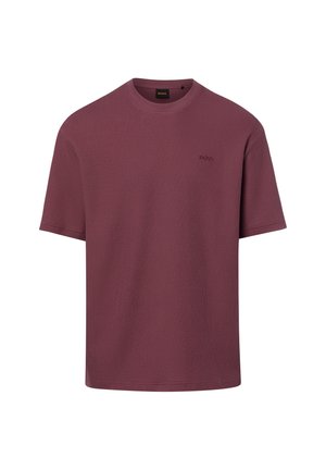 Bordeauxfarbenes kurzärmeliges Ripp-T-Shirt mit Rundhalsausschnitt und kleinem geprägten "BOSS"-Logo auf der linken Brust.