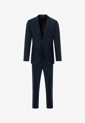 Dark navy suit featuring a single-breasted jacket with notched lapels, two front pockets, and matching trousers. Fabric appears smooth and tailored.