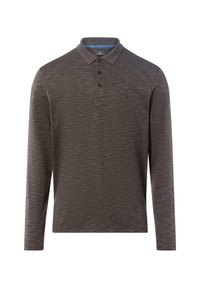 Polo a maniche lunghe grigio scuro con motivo testurizzato, tre bottoni al colletto e un logo sottile sul lato sinistro del petto.