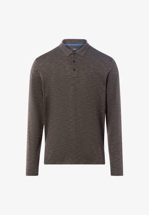 Langärmliges Poloshirt in dunkelgrau mit einem strukturierten Muster, drei Knöpfen am Kragen und einem dezenten Logo auf der linken Brust.