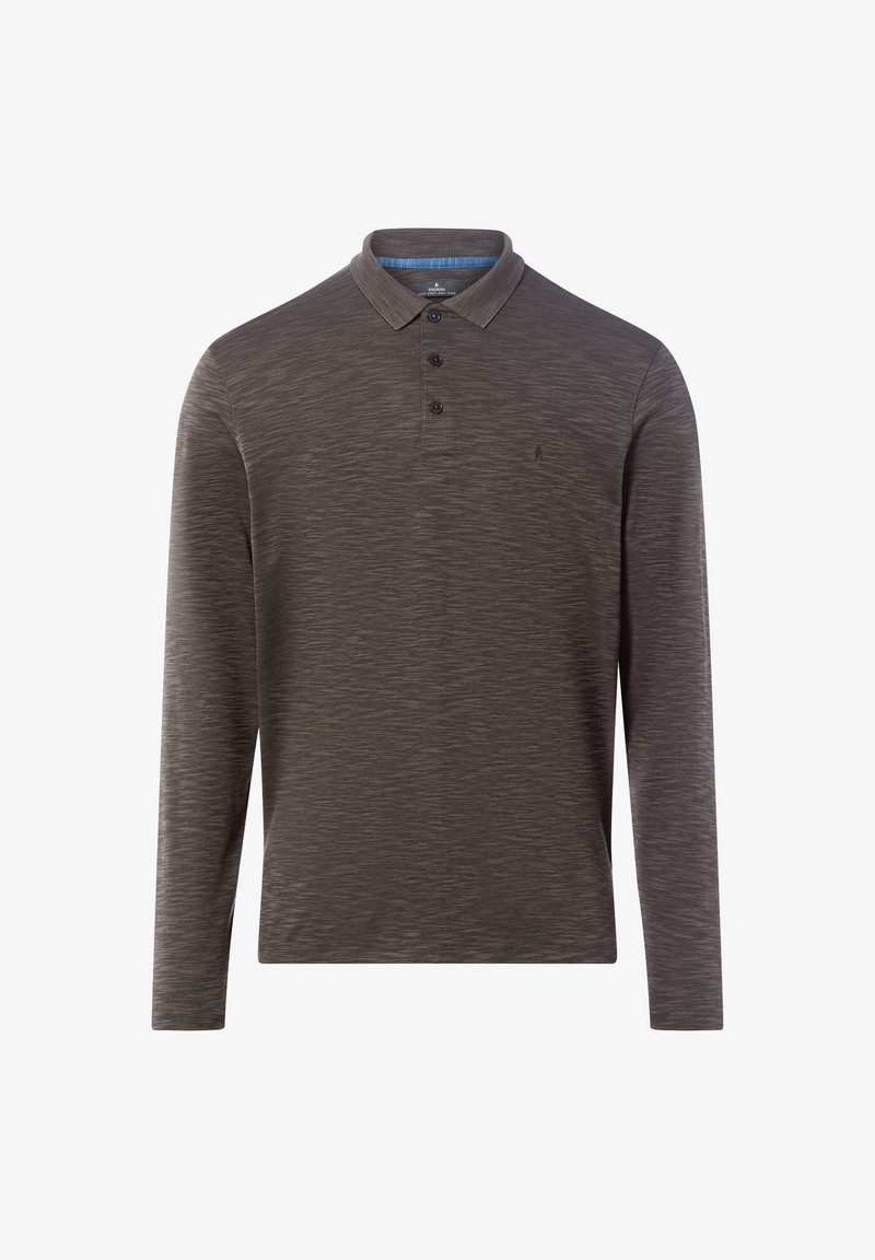 Polo a maniche lunghe grigio scuro con motivo testurizzato, tre bottoni al colletto e un logo sottile sul lato sinistro del petto.
