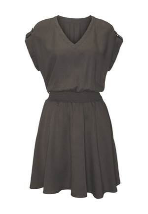 Dark gray short-sleeve dress with V-neck, gathered waist, buttoned shoulder tabs, and a flared skirt.