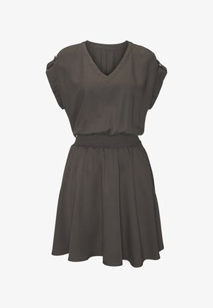Dark gray short-sleeve dress with V-neck, gathered waist, buttoned shoulder tabs, and a flared skirt.