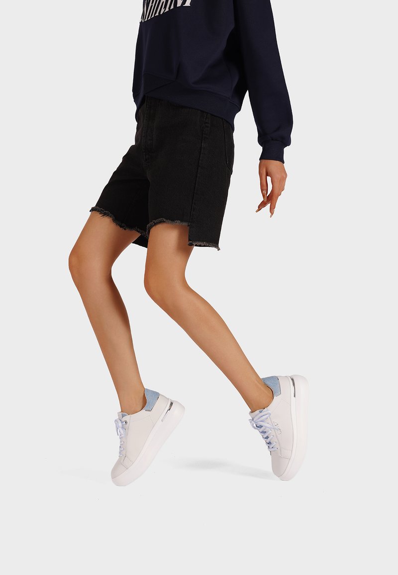 Sneakers bianchi con accenti azzurri e suole testurizzate, abbinati a pantaloni corti in denim neri con orli sfrangiati e una felpa blu navy.