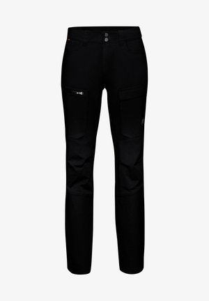 Black trousers with a slim fit, made of durable fabric. Features multiple pockets, metallic accents, and reinforced knee patches.