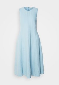 Vaaleansininen pellavamekko, ilman hihoja, A-linjainen muotoilu, pyöreä pääntie, sileä pinta, polvipituinen, takana vetoketjukiinnitys.