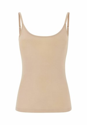 Bež majica s tankimi naramnicami, izdelana iz gladkega blaga. Ima okroglo izrez in prilega se telesu.