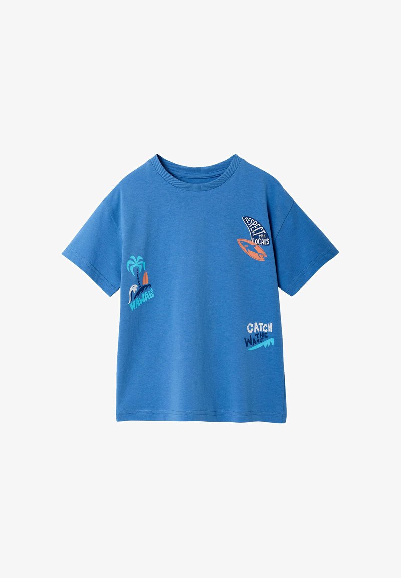 Blue short-sleeve t-shirt with surfing-themed graphics and text saying "Respect the Locals," "Hawaii," and "Catch the Wave."