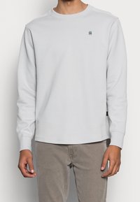 Sweatshirt gris clair à manches longues avec col rond, coupe décontractée, détail de logo subtil sur la poitrine, fabriqué en tissu de coton doux.