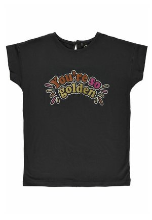 Sort t-shirt med korte ærmer med farverig glittertekst "You're so golden" og dekorative sprøjtedesigns omkring ordene.