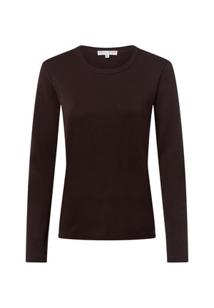 Dunkelbraunes Langarmshirt mit Rundhalsausschnitt, schlichtes Design, glatter Stoff, Damengröße S mit sichtbarem Markenetikett im Kragen.