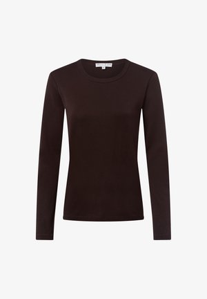 Ciemnobrązowa bluzka z długim rękawem i okrągłym dekoltem, prosty design, gładki materiał, damski rozmiar S z widoczną metką marki wewnątrz kołnierza.