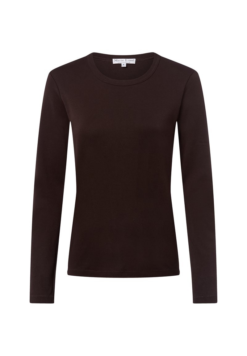 Ciemnobrązowa bluzka z długim rękawem i okrągłym dekoltem, prosty design, gładki materiał, damski rozmiar S z widoczną metką marki wewnątrz kołnierza.