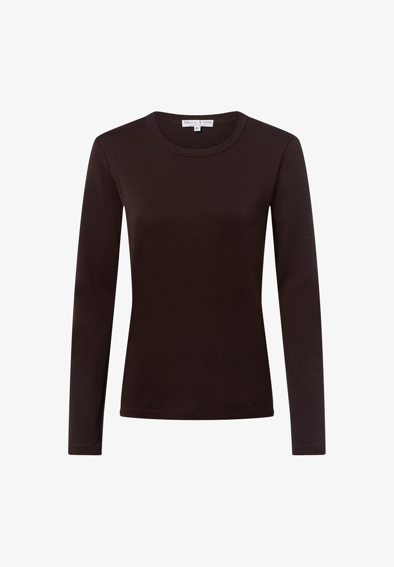 Ciemnobrązowa bluzka z długim rękawem i okrągłym dekoltem, prosty design, gładki materiał, damski rozmiar S z widoczną metką marki wewnątrz kołnierza.