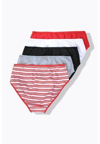Pakket van vijf paar ondergoed: rood, wit, zwart, grijs. Eén paar heeft een gestreept patroon met rode en witte stripes. Gemaakt van een katoenmix.